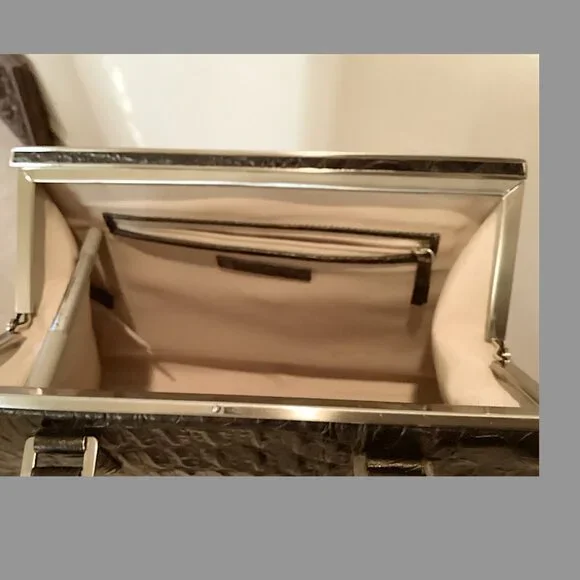 Ann Taylor Black embossed  crocodile  leather  top handle, framed satchel bag - Picture 10 of 13